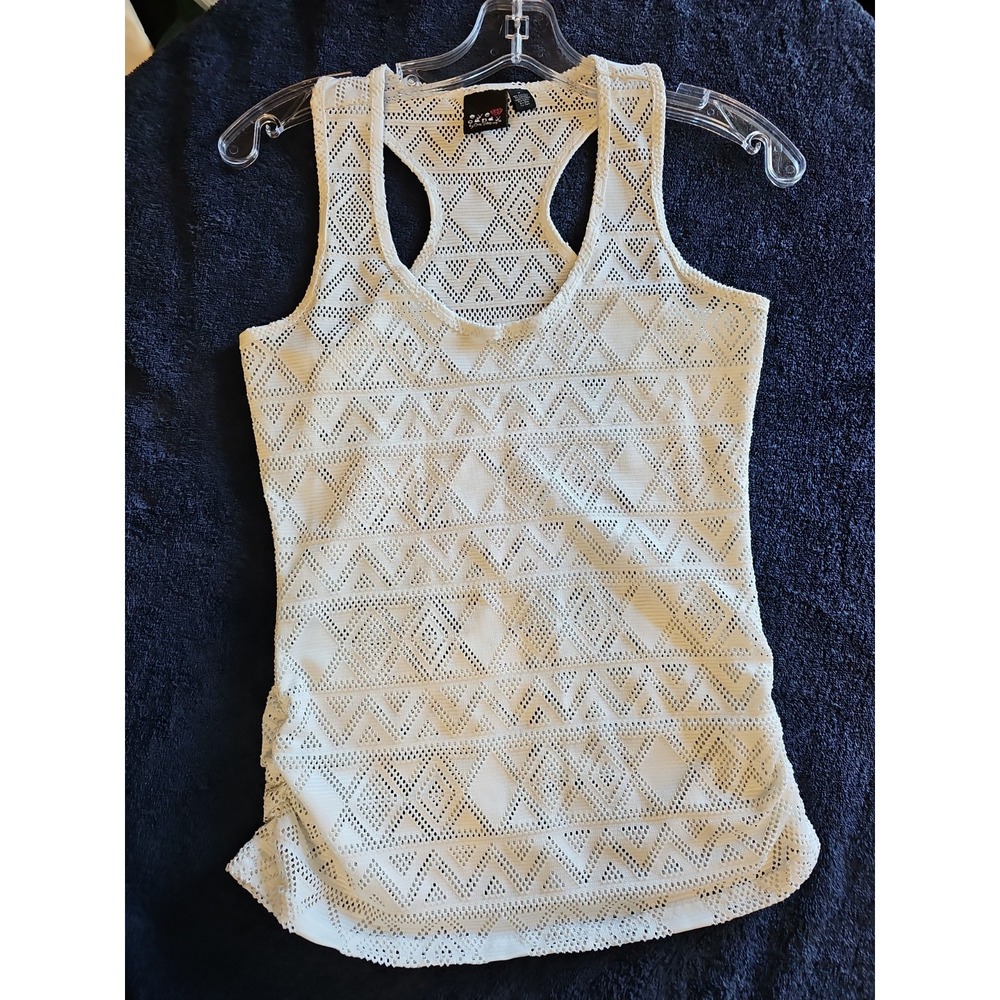 Eye Candy One Step Up Womens M White Geometric Tank Top Ruched Sides Sleeveless